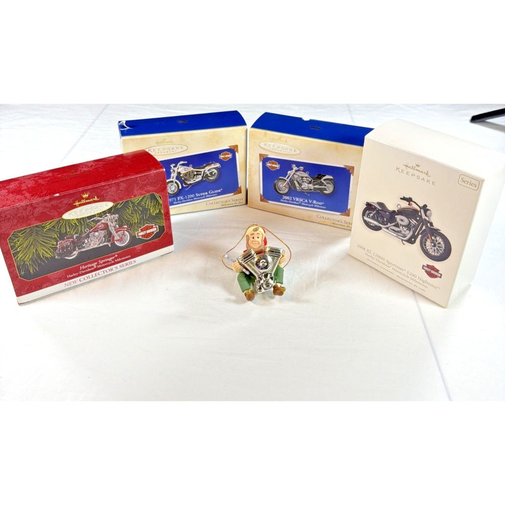 Lot Of 5 Harley Davidson Hallmark Keepsake Ornaments 99, 02, 04, 08 * Also a 97